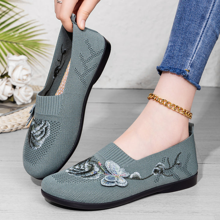 Damen nan bestickter Strick-Slipper mit sockenähnlichem Einstieg, floralem Stickmotiv und gedämpfter Leichtsohle Drune