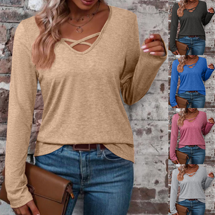 Damen langärmliges Shirt mit Kreuz-Ausschnitt Drune