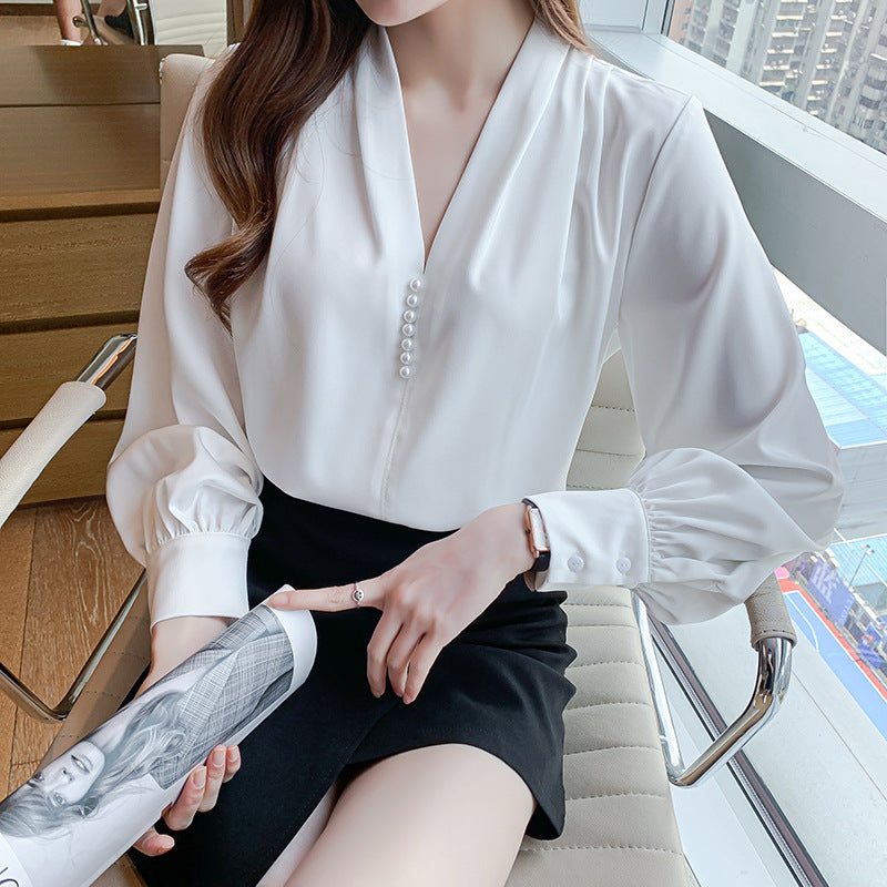Damen elegante Bluse mit Rüschenärmeln und perlverzierten Knöpfen Drune