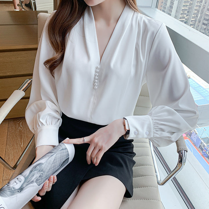 Damen elegante Bluse mit Rüschenärmeln und perlverzierten Knöpfen Drune
