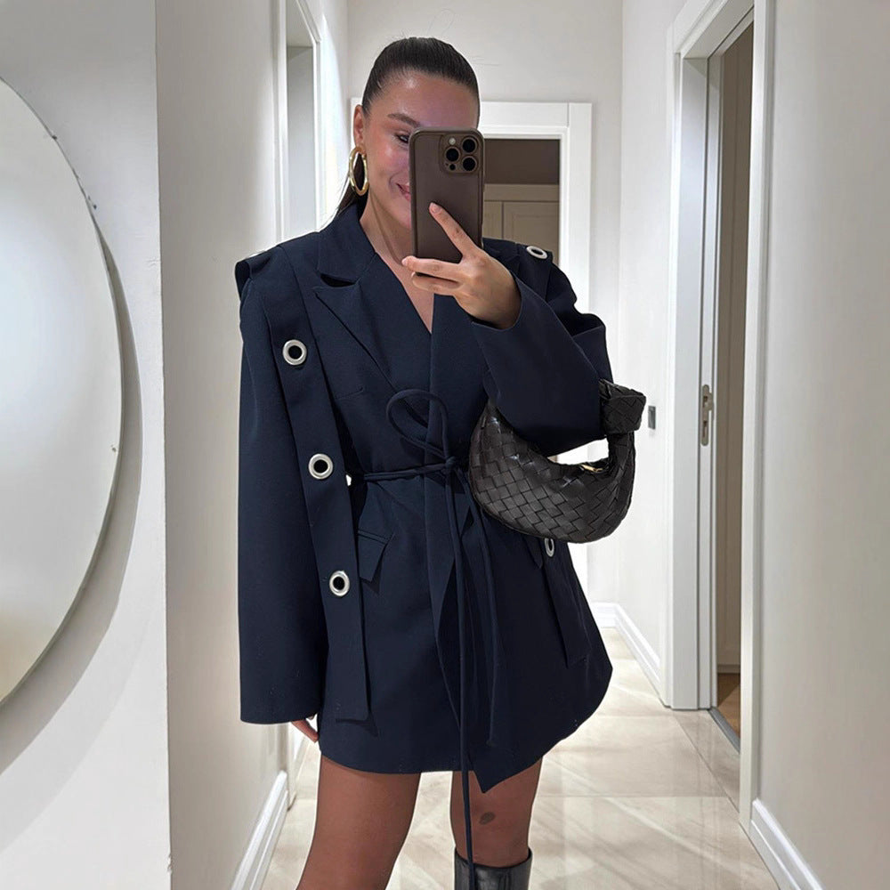 Damen Oversized Blazerjacke mit modischen Bindetail und großen Knöpfen Drune