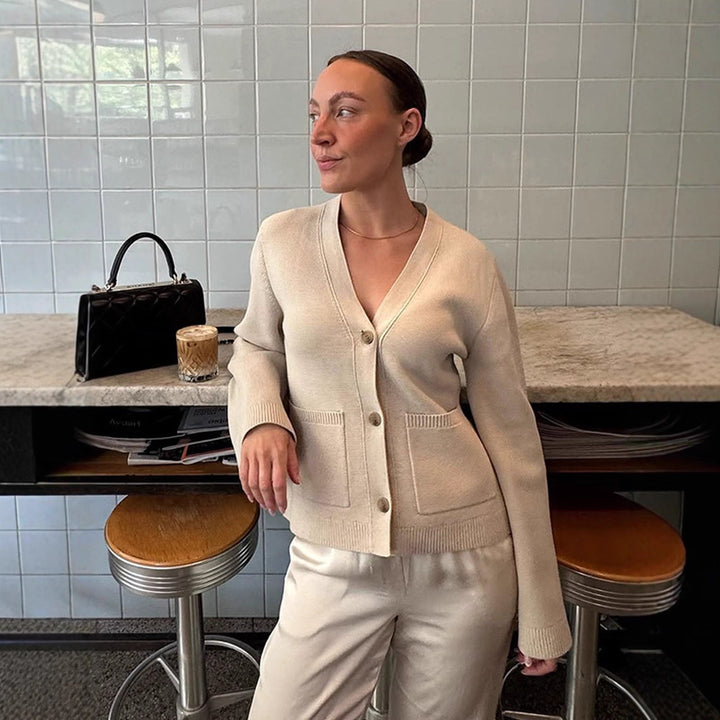 Damen lässige Strickjacke mit weitgeschnittenen Ärmeln und Knopfdetail Drune