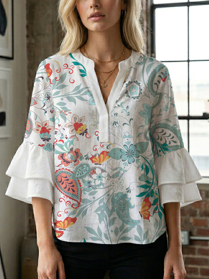 Damen elegantes Oberteil mit voluminösen Rüschensäumen und floralem Design Drune