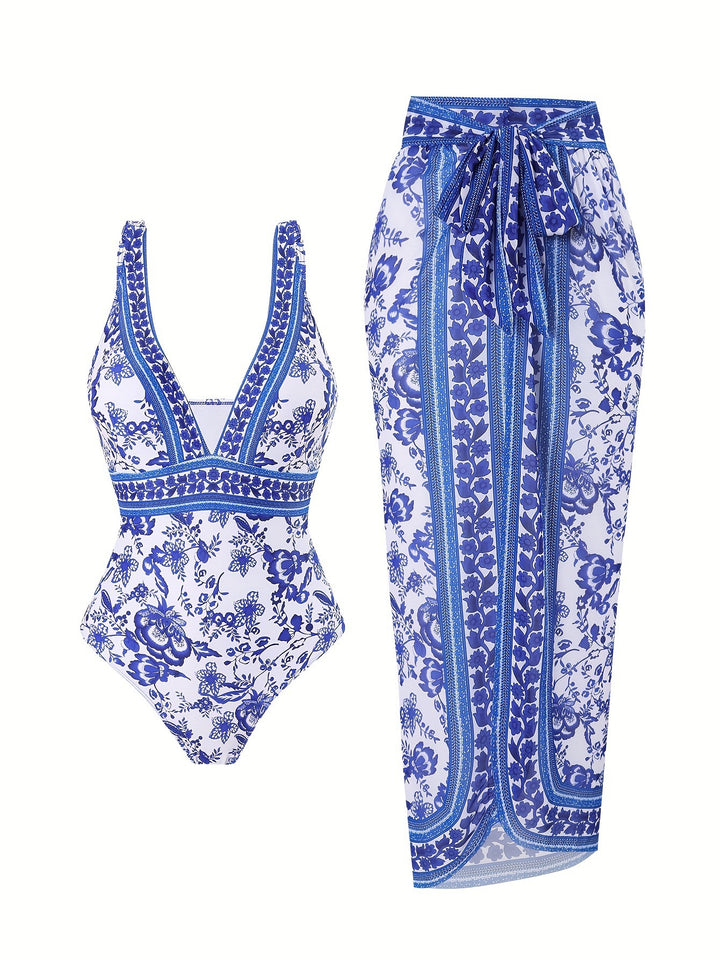 Damen eleganter Einteiler Badeanzug mit passendem Wickelrock Drune