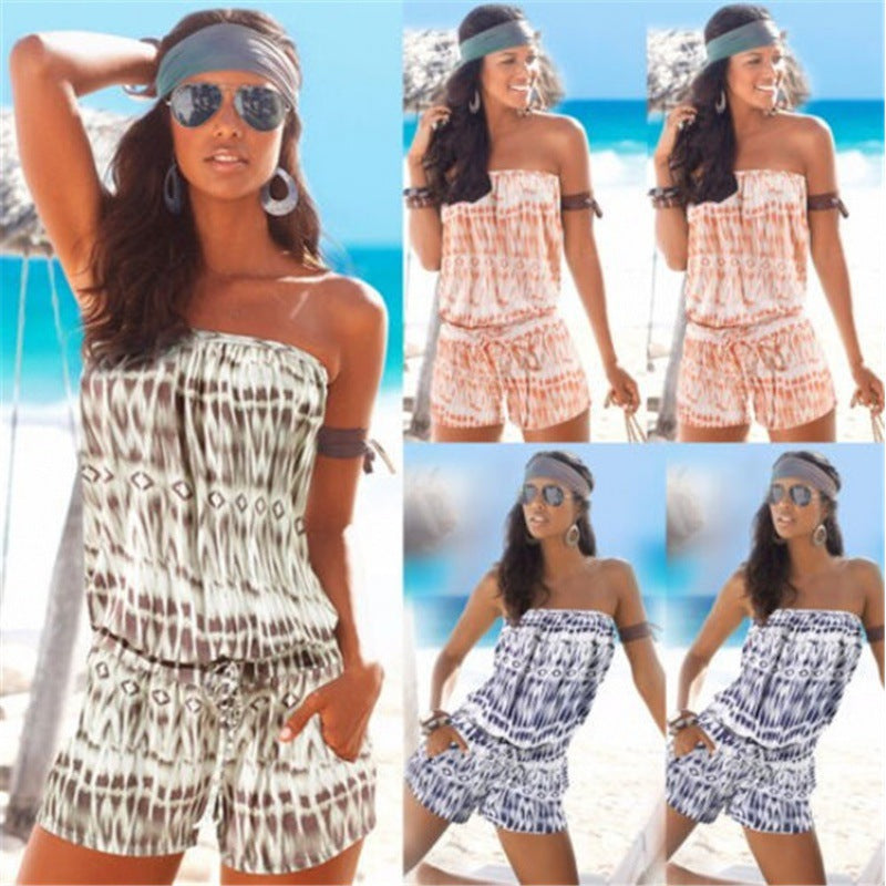 Damen luftiger Jumpsuit im Ethno-Stil mit Schulterfreies Design Drune