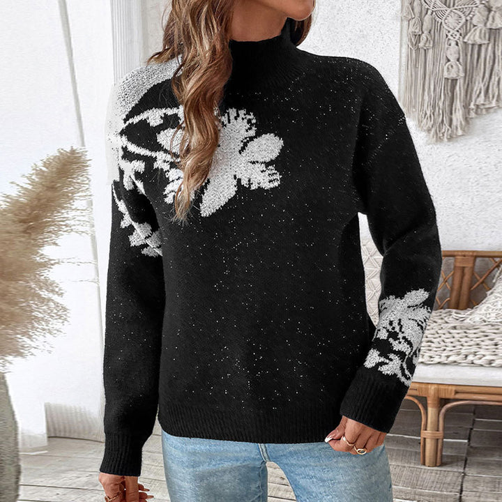 Damen modischer Strickpullover mit floralem Design und hohem Kragen Drune