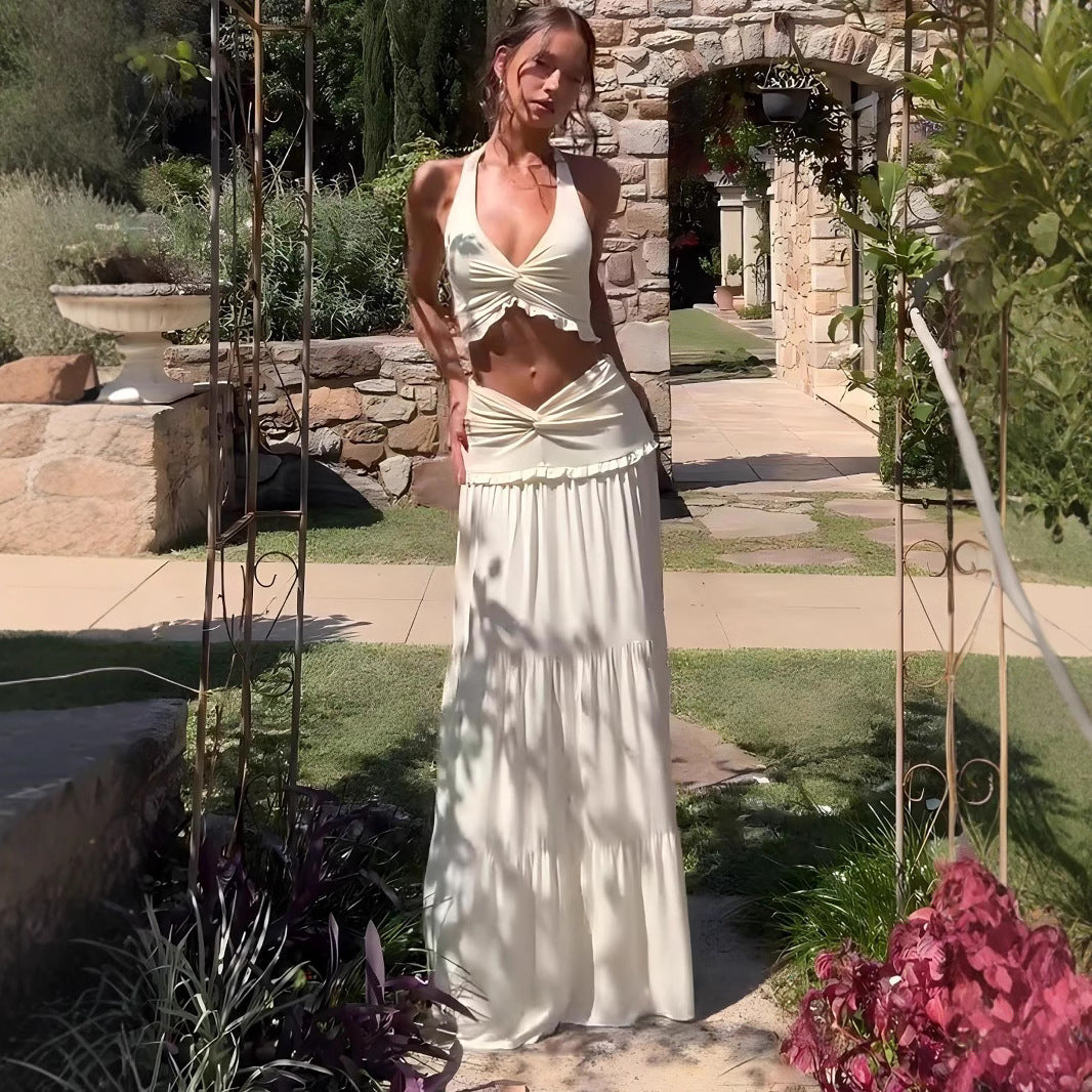 Damen Zweiteiliges Sommerkleid mit raffiniertem Oberteil und fließendem Rock Drune