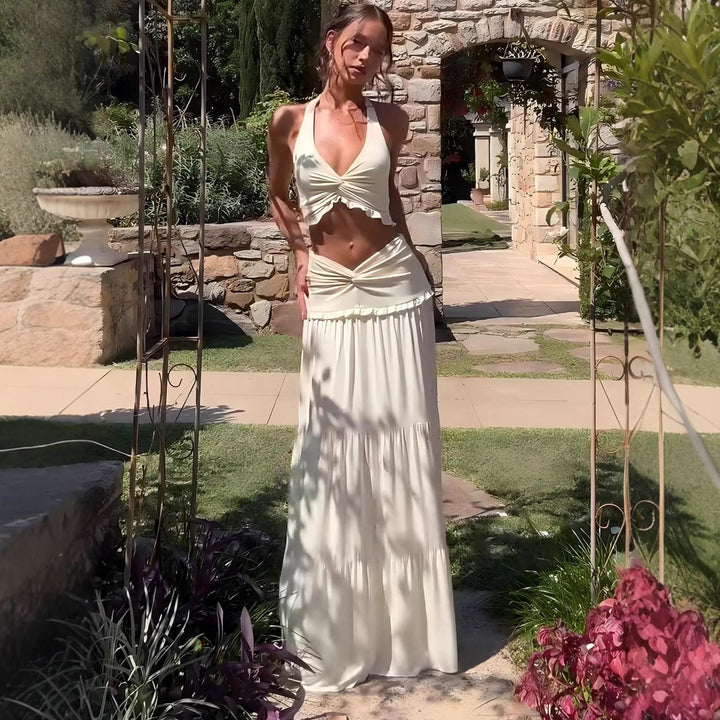 Damen Zweiteiliges Sommerkleid mit raffiniertem Oberteil und fließendem Rock Drune