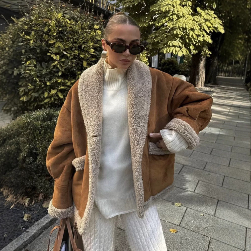 Damen gemütliche Fleecejacke mit großem Kragen Drune
