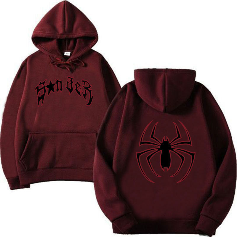 Damen Kapuzenpullover mit auffälligem Spinnenmotiv und grobem Schriftzug Drune
