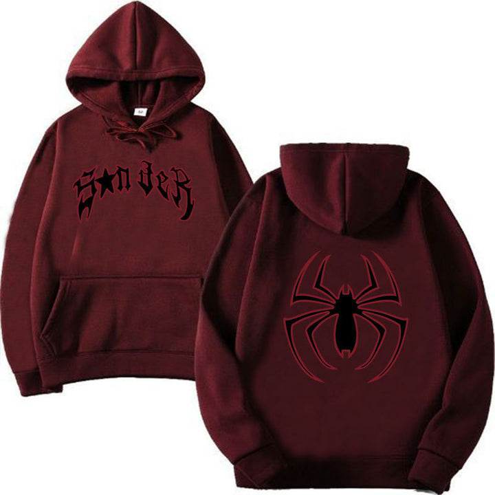 Damen Kapuzenpullover mit auffälligem Spinnenmotiv und grobem Schriftzug Drune