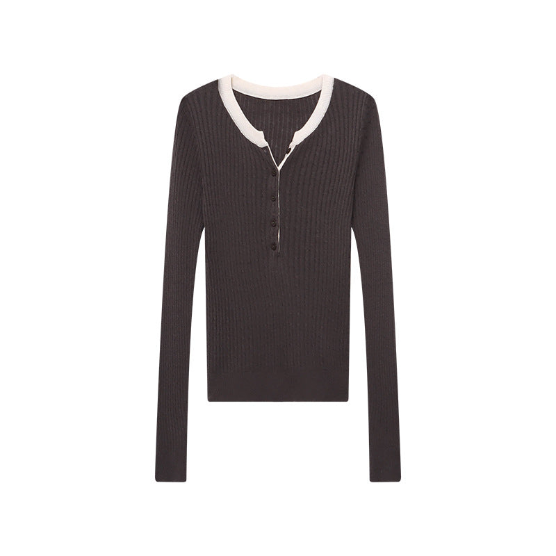 Damen lässiger Henley-Pullover mit Rippstruktur Drune