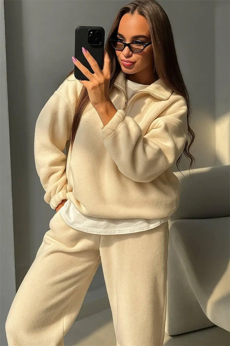 Damen Gemütlicher Fleece-Jogginganzug mit hohem Kragen Drune
