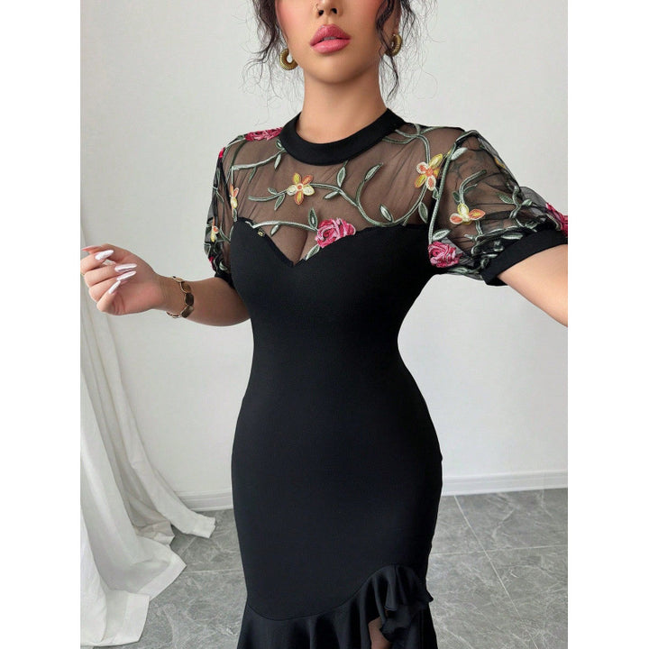 Damen Elegantes Wickelkleid mit transparenter Spitzenblende und Rüschendetails Drune