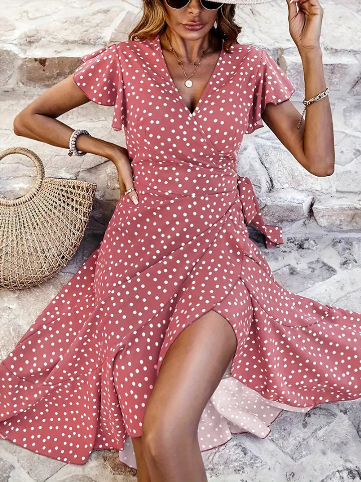 Damen Wickelkleid mit Punkten und verspieltem Rockaufschlag Drune