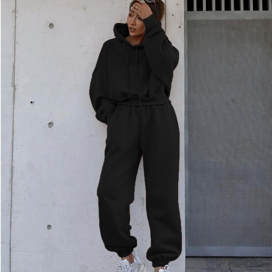 Damen nan kuscheliges kurzes Kapuzenpullover- und hochgeschnittene Jogginghose Set Drune