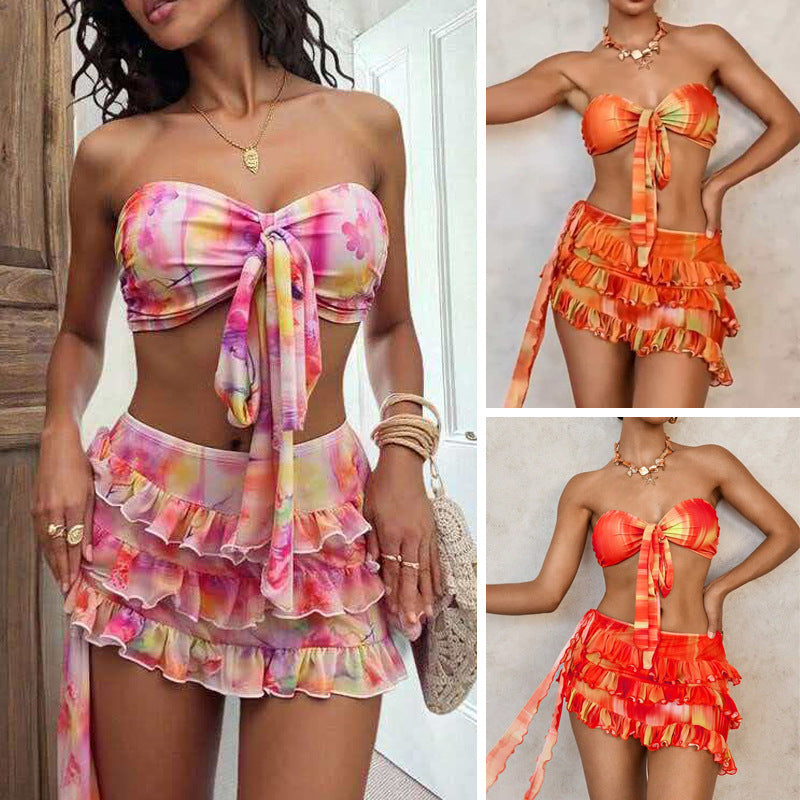 Damen Bandeau-Bikini-Set mit Rüschen und Wickeltuch Drune
