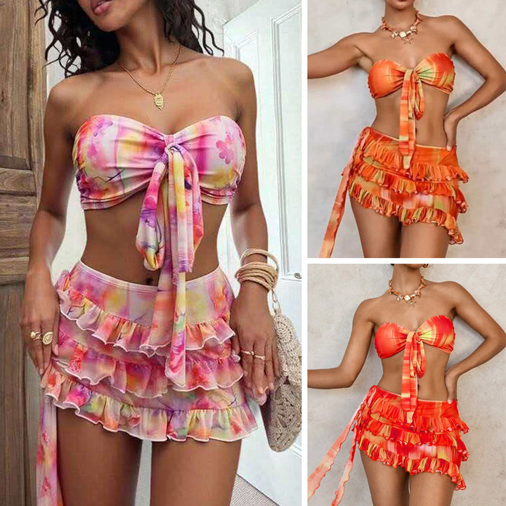 Damen Bandeau-Bikini-Set mit Rüschen und Wickeltuch Drune