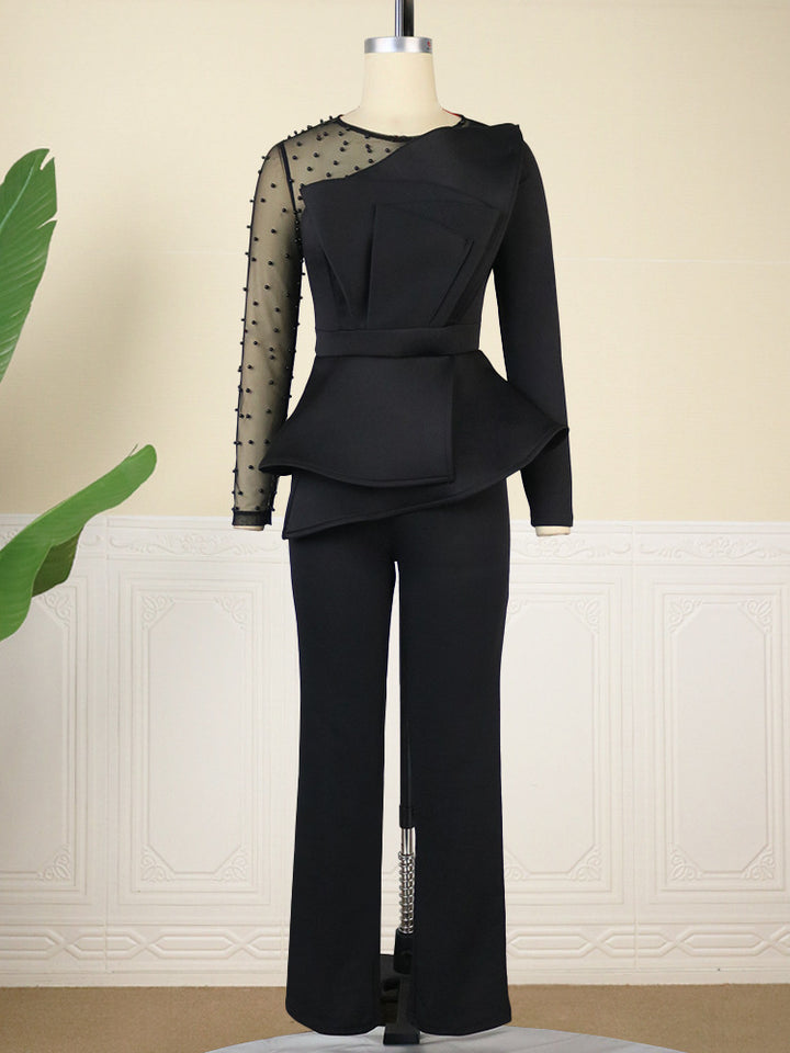 Damen Eleganter Jumpsuit mit transparenten Puffärmeln und tiefem V-Ausschnitt Drune