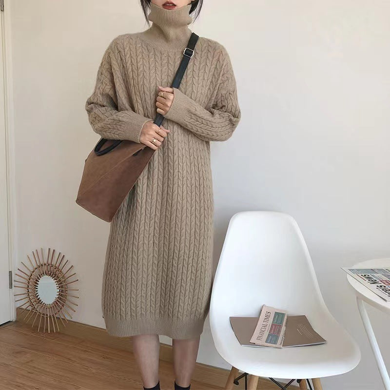 Damen Strickkleid mit strukturiertem Zopfdesign und hohem Kragen Drune