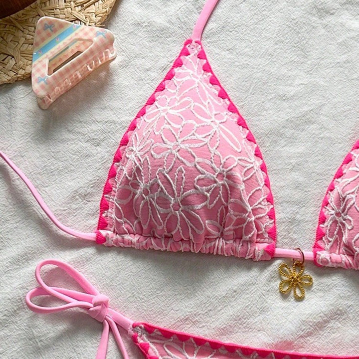 Damen Triangel-Bikini-Set mit floralen Stickereien Drune
