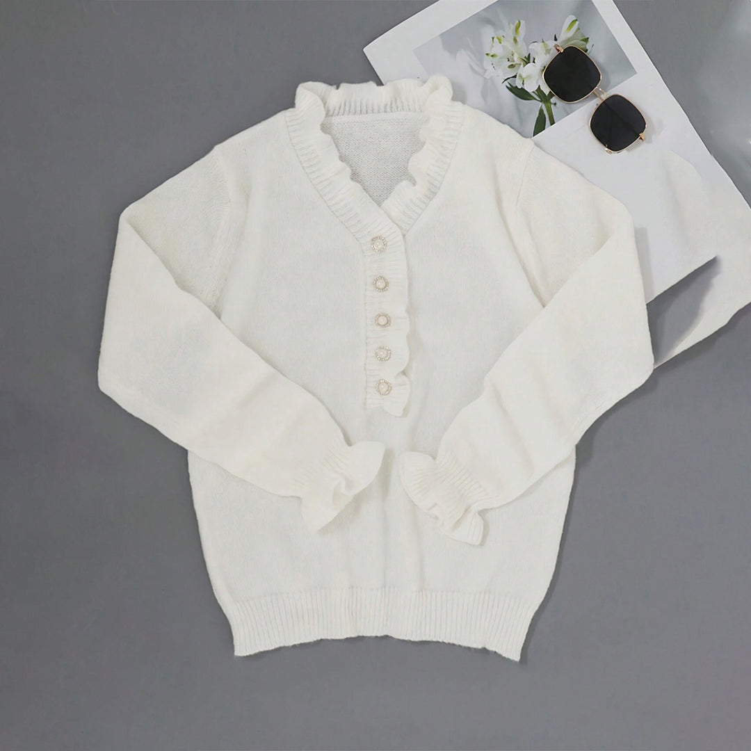 Damen Strickpullover mit Rüschendetails und perlenverzierten Knöpfen Drune