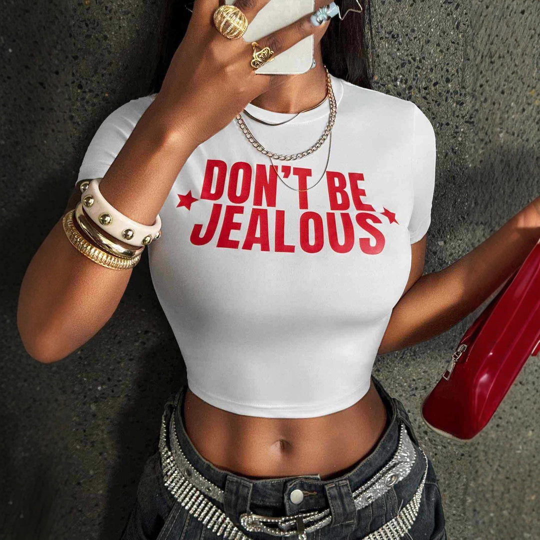 Damen Crop-T-Shirt mit modernem Statement-Print und figurbetontem Schnitt Drune