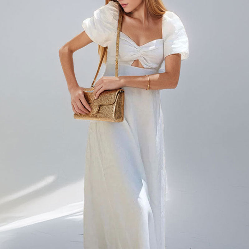 Damen Maxikleid mit voluminösen Puffärmeln und raffiniertem Schlüssel-Ausschnitt Drune
