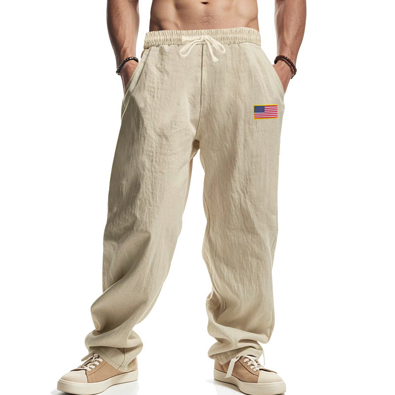 Herren nan lockere Baumwoll-Leinen Freizeithose mit elastischem Bund Kordelzug und dezenter Flaggen-Applikation Drune