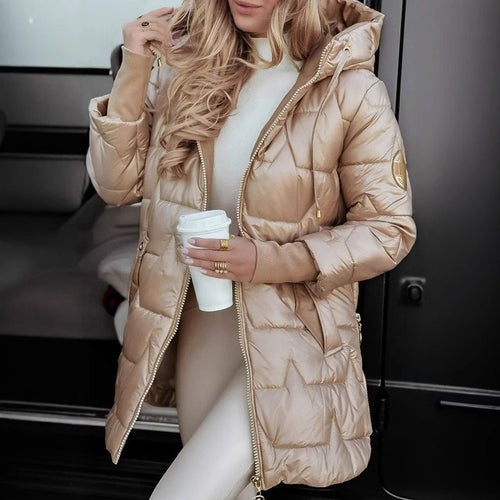 Damen Lange Steppjacke mit Kapuze und praktischen Taschen Drune