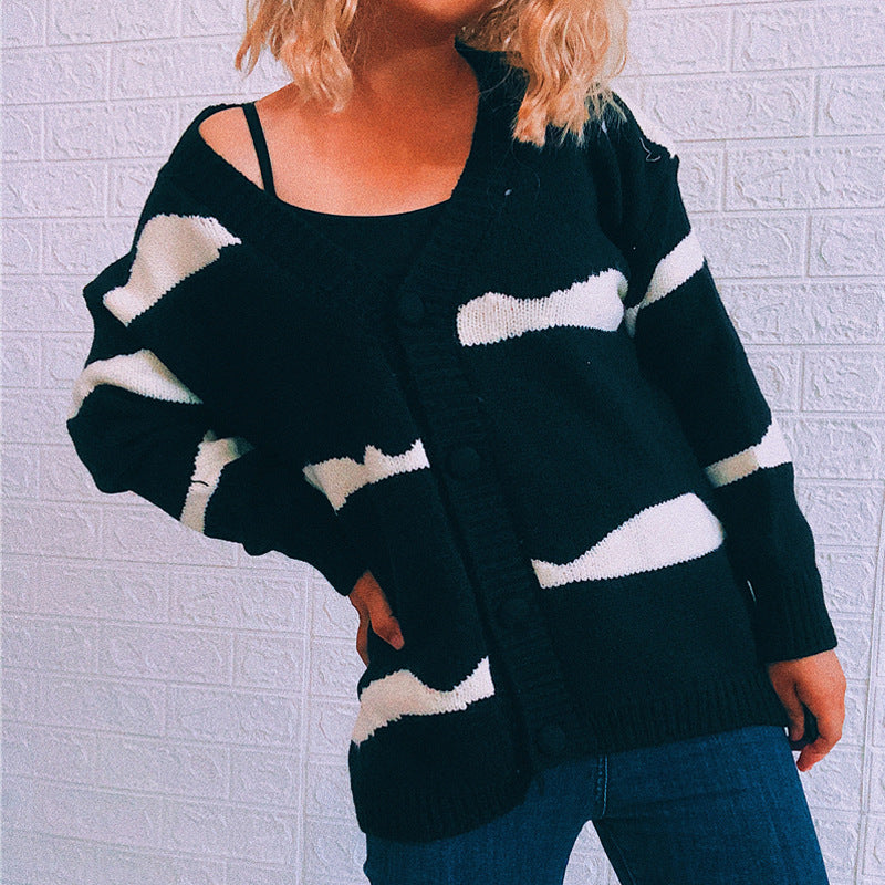 Damen gestreifte Strickjacke mit Knopfverschluss und weitem Schnitt Drune