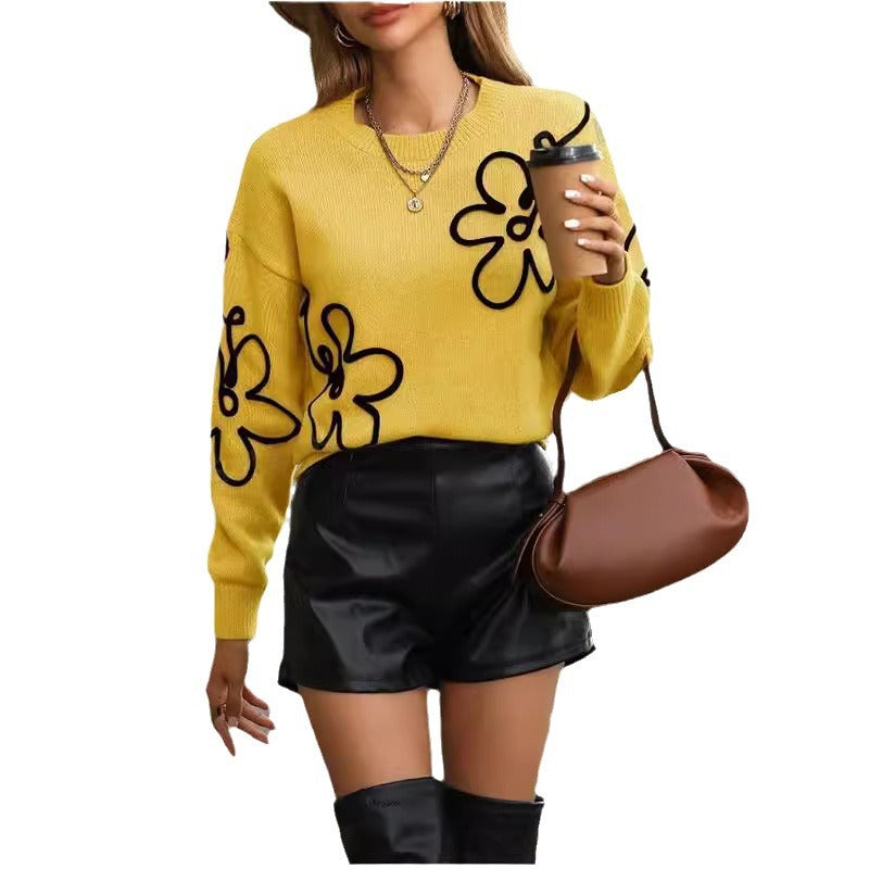 Damen Modischer Strickpullover mit floralen Applikationen und weitem Schnitt Drune