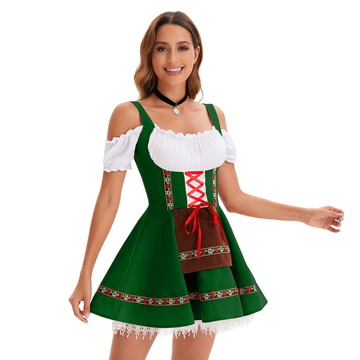 Damen nan kurzes Trachtenkleid im Dirndlstil mit Schnürung, schulterfreiem Carmen-Ausschnitt und Zierschürze Drune