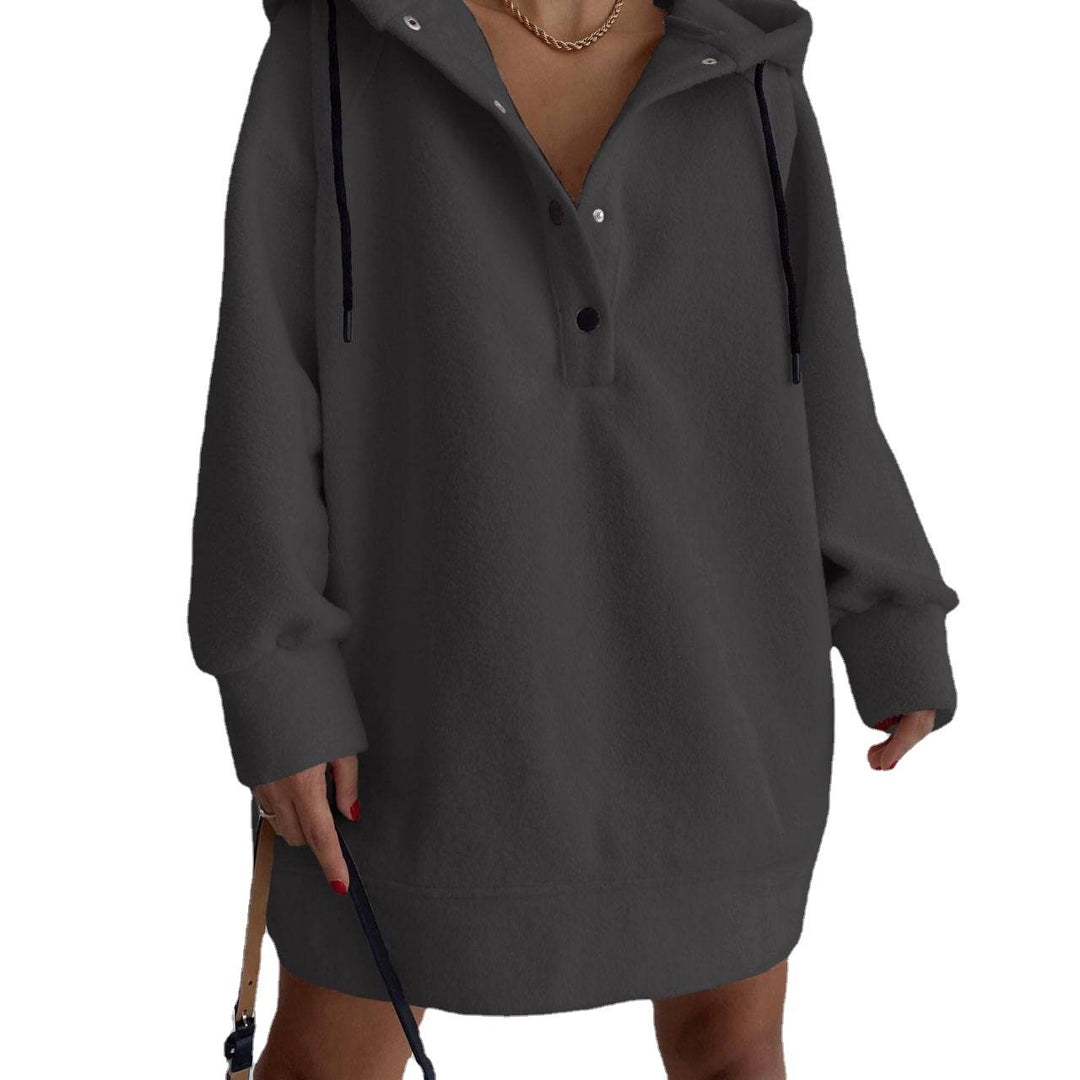Damen nan kuscheliges Kapuzen-Fleece-Tunika-Sweatshirt mit Druckknopfleiste und überschnittener Schulter Drune