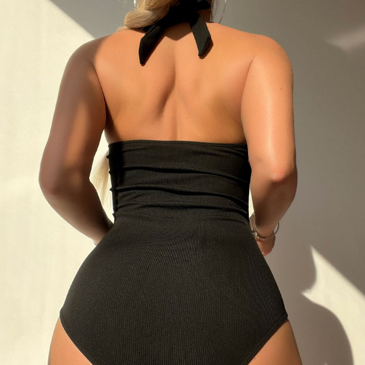 Damen Eleganter Badeanzug mit tiefem V-Ausschnitt und Raffung Drune