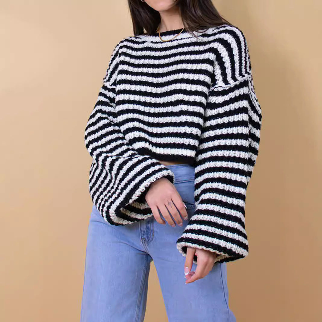 Damen Cropped Strickpullover mit weit ausgestellten Ärmeln und Streifenmuster Drune