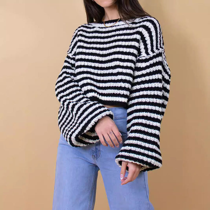 Damen Cropped Strickpullover mit weit ausgestellten Ärmeln und Streifenmuster Drune