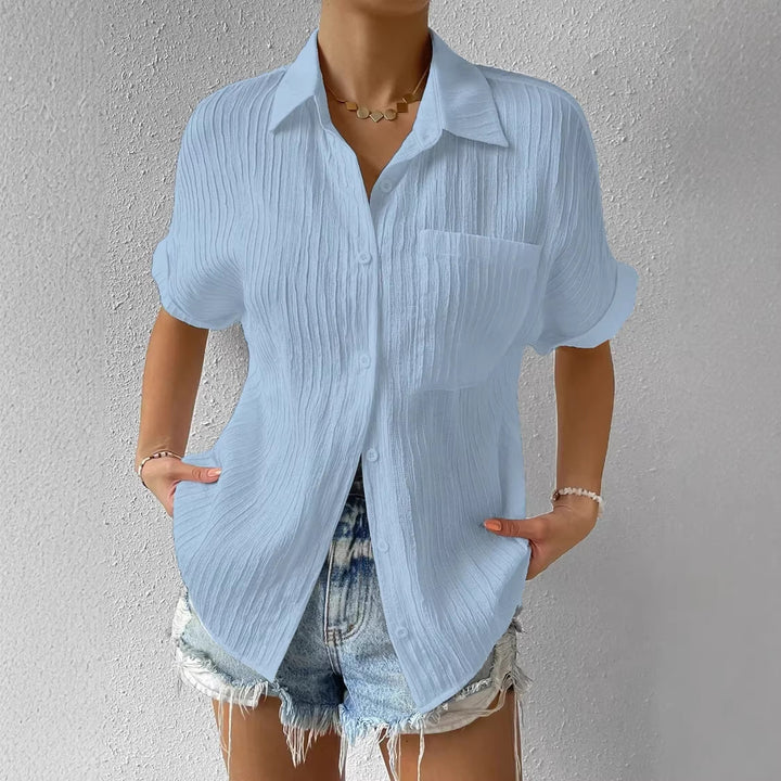 Damen lässige kurzärmlige Bluse mit Struktur und Brusttasche Drune