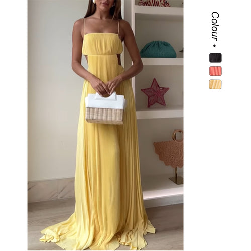 Damen Maxi-Kleid mit eleganter Plisseedetails und schmalen Spaghettiträgern Drune