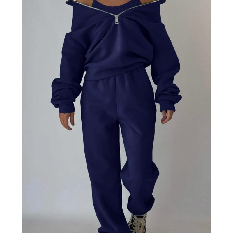 Damen lässiger Zip-Pullover mit hohem Kragen Drune