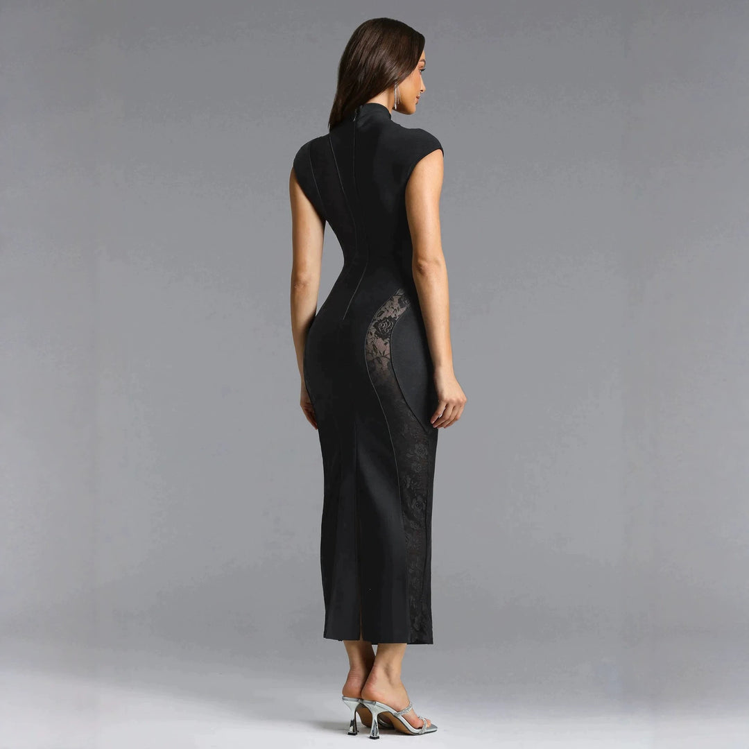 Damen Elegantes Kleid mit transparenten Spitzeinsätzen Drune