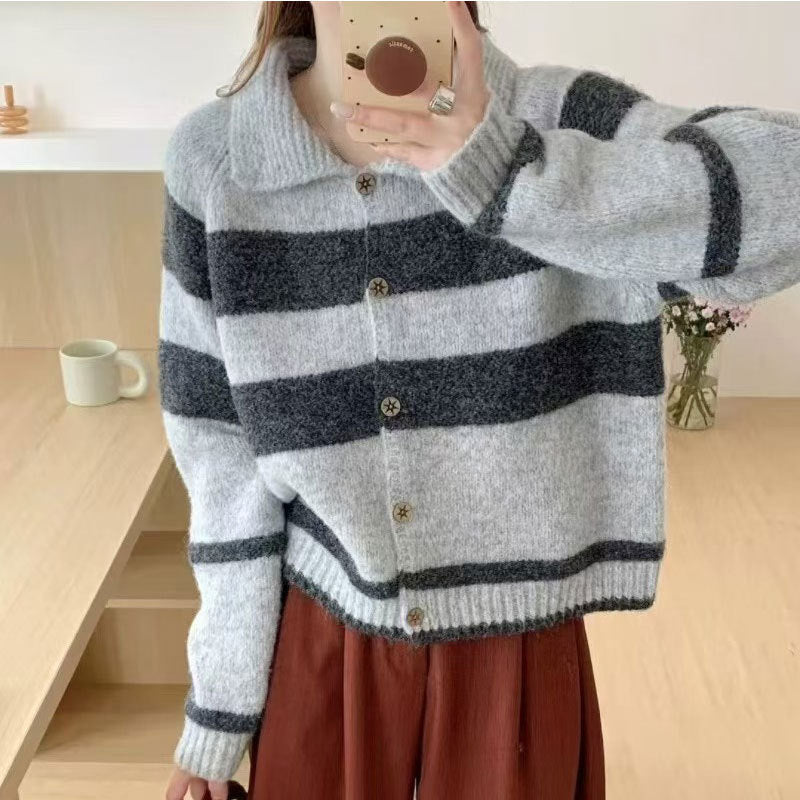 Damen kuschelige Strickjacke mit stilvollem Kragen und Streifenmuster Drune