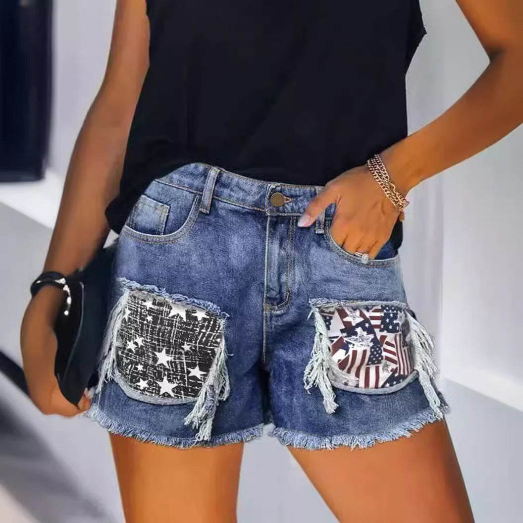 Damen Destroyed Denim-Shorts mit fransigen Taschen und modischen Aufnähern Drune