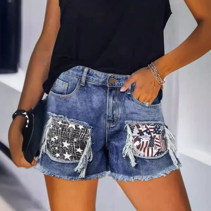 Damen Destroyed Denim-Shorts mit fransigen Taschen und modischen Aufnähern Drune