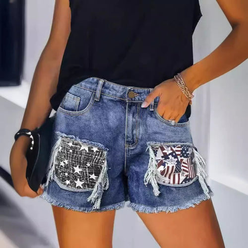 Damen Destroyed Denim-Shorts mit fransigen Taschen und modischen Aufnähern Drune