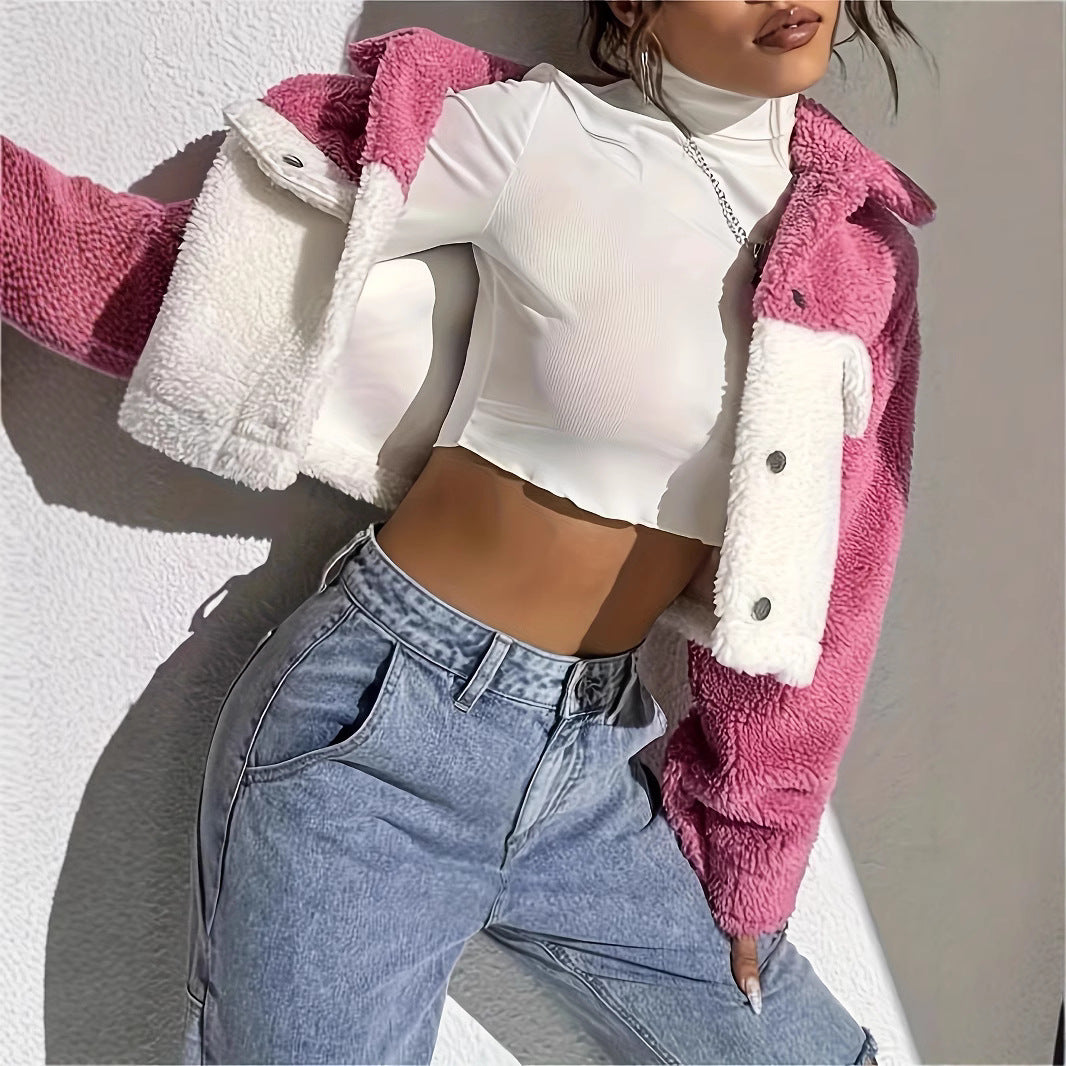 Damen Kuscheljacke mit kontrastierendem Felllook und modischen Druckknöpfen Drune