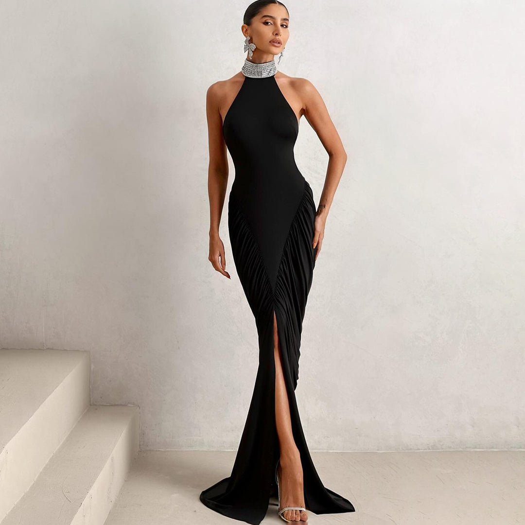 Damen Elegantes Maxikleid mit hochgeschlossenem Kragen und auffälligen Raffungselementen Drune
