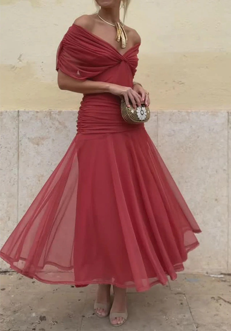 Damen nan fließendes Abendkleid mit transparentem Chiffon-Capelet, V-Ausschnitt und taillierter Drapierung Drune