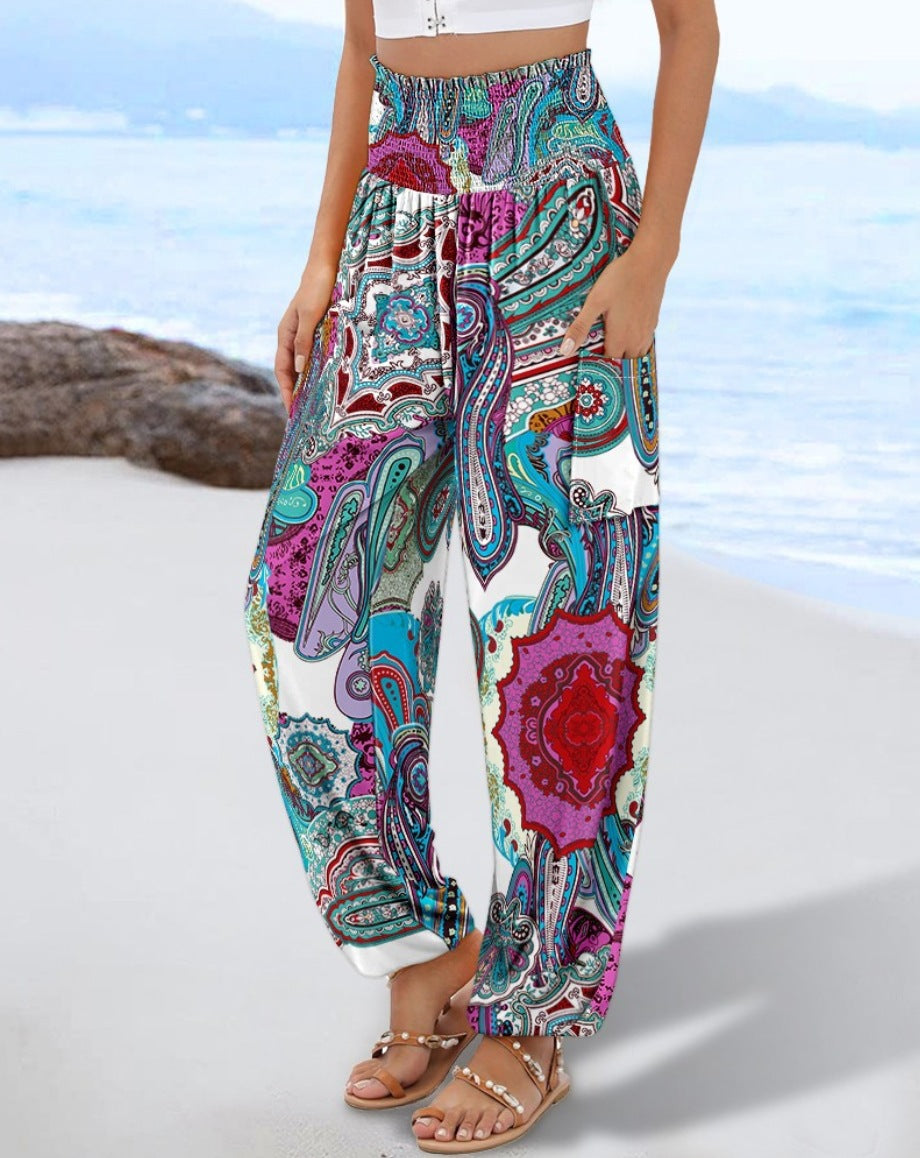 Damen weite Palazzo-Hose mit buntem Paisleymuster und elastischem Bund Drune