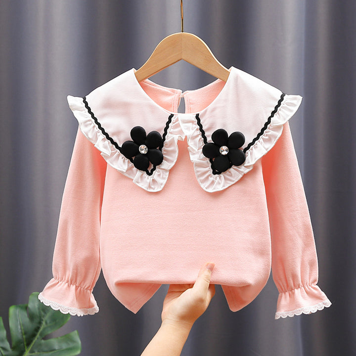 Damen Bluse mit großen Kragen und floralen Applikationen Drune